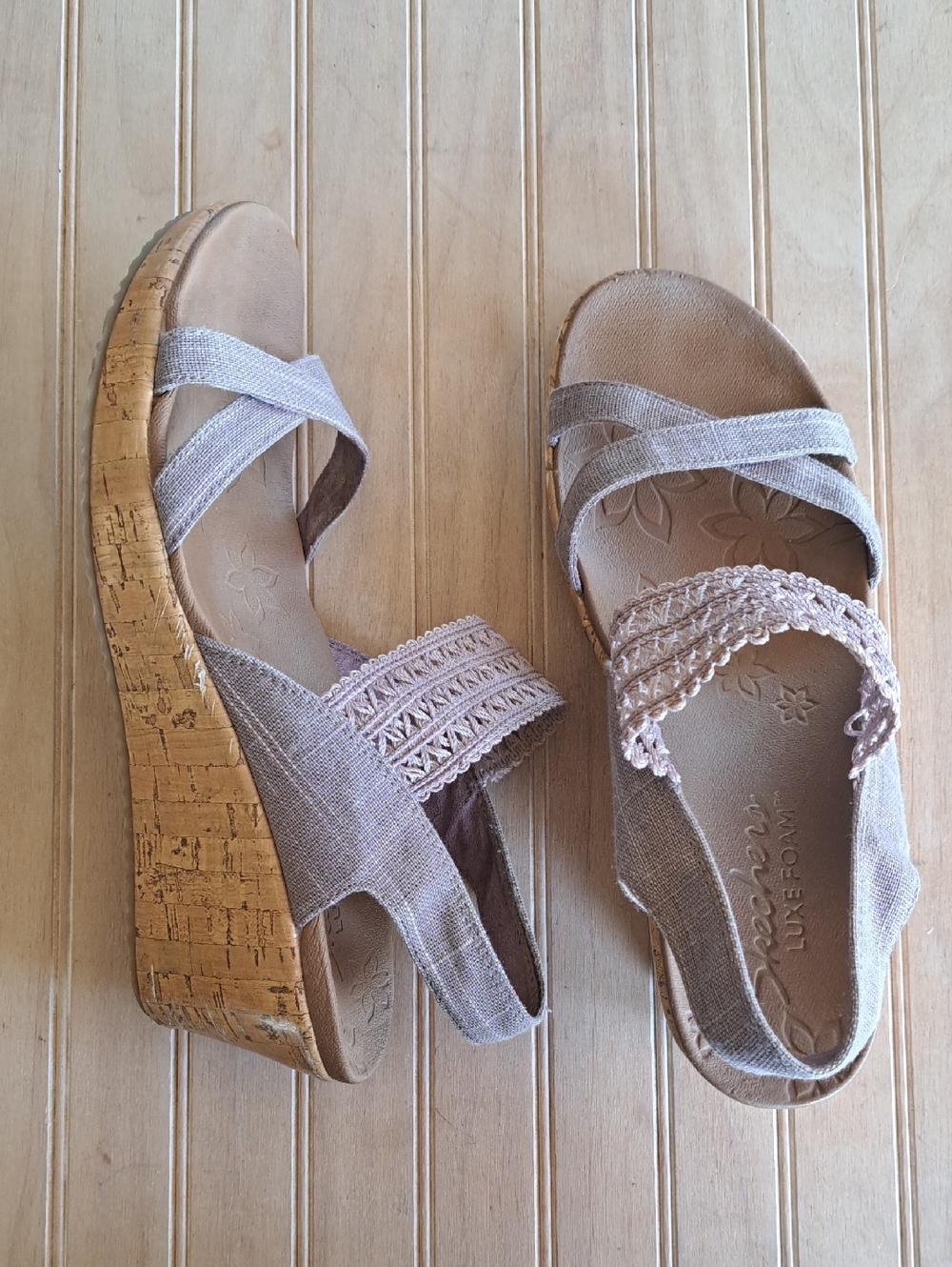 Skechers Beverlee Mauve Crochet Cork Wedge Strappy Sandals Comfy